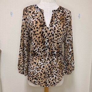 Calvin Klein Vneck Tunic Sinched Waist Golden/Black Cheetah Long Sleeve Sz Large